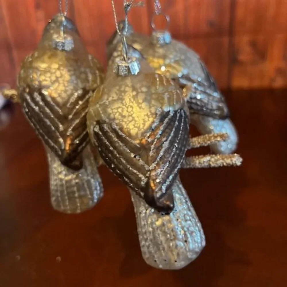 Set Of 3 Glass Bird on brach Christmas Ornaments With Glitter‎ Accents Hanging